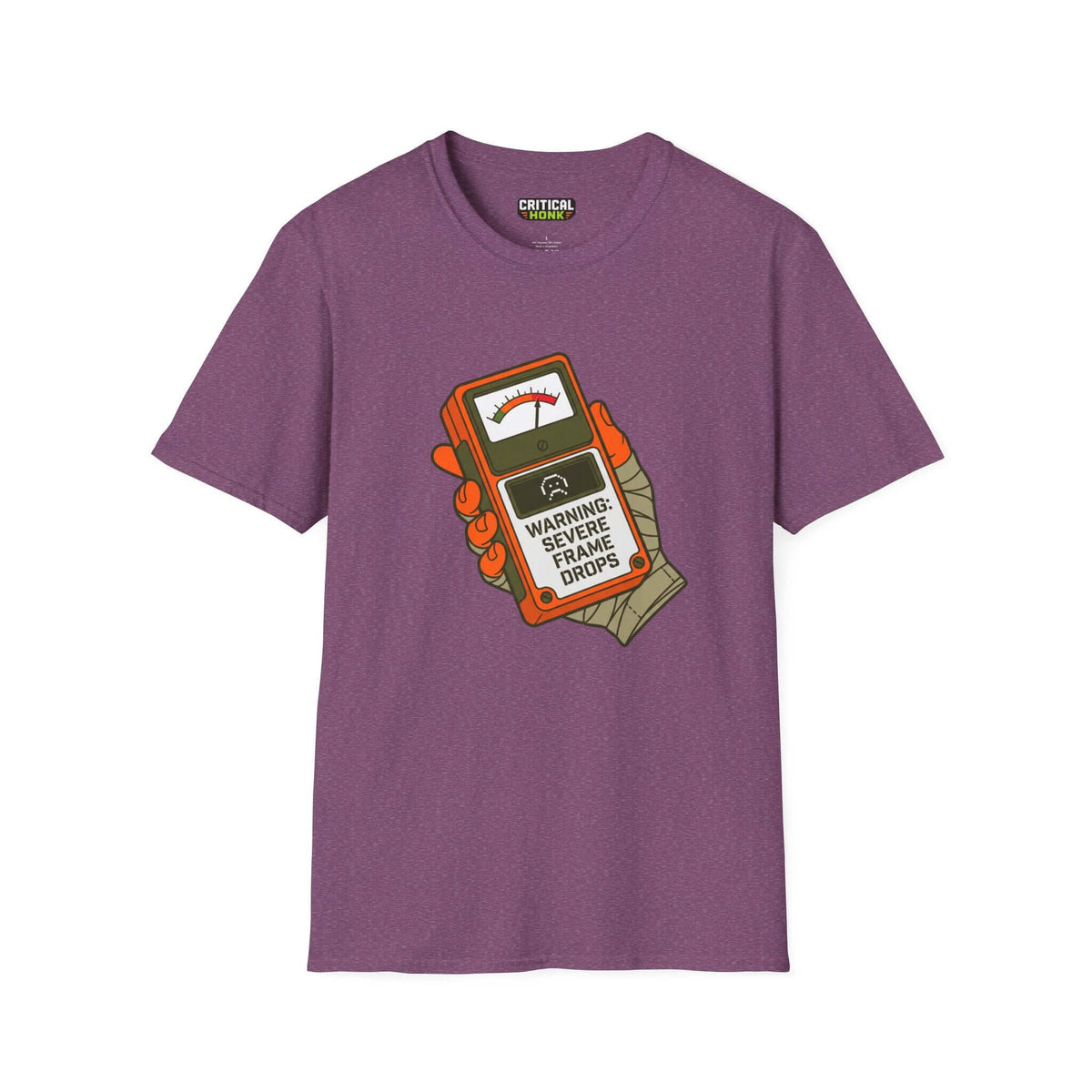 Frame drops T-Shirt in Heather Maroon with graphic design warning of severe frame drops.