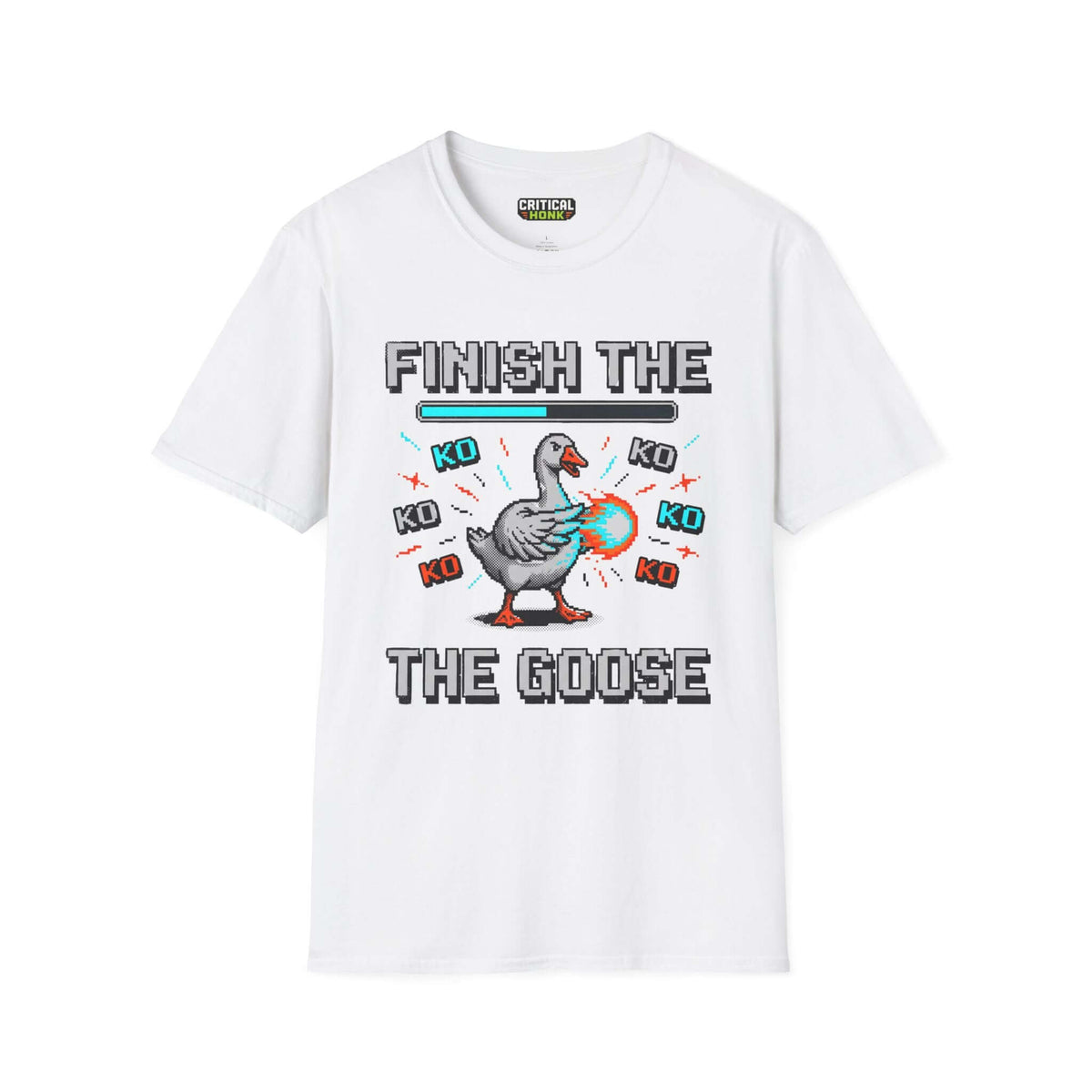 Finish-the-goose T-Shirt featuring a graphic of a goose, light fabric, unisex fit, 100% ring-spun cotton, white color.
