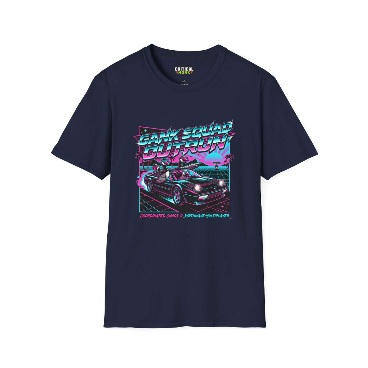 Gank-squad-outrun T-Shirt in navy featuring a vibrant retro graphic design, made of 100% ring-spun cotton, soft fabric.