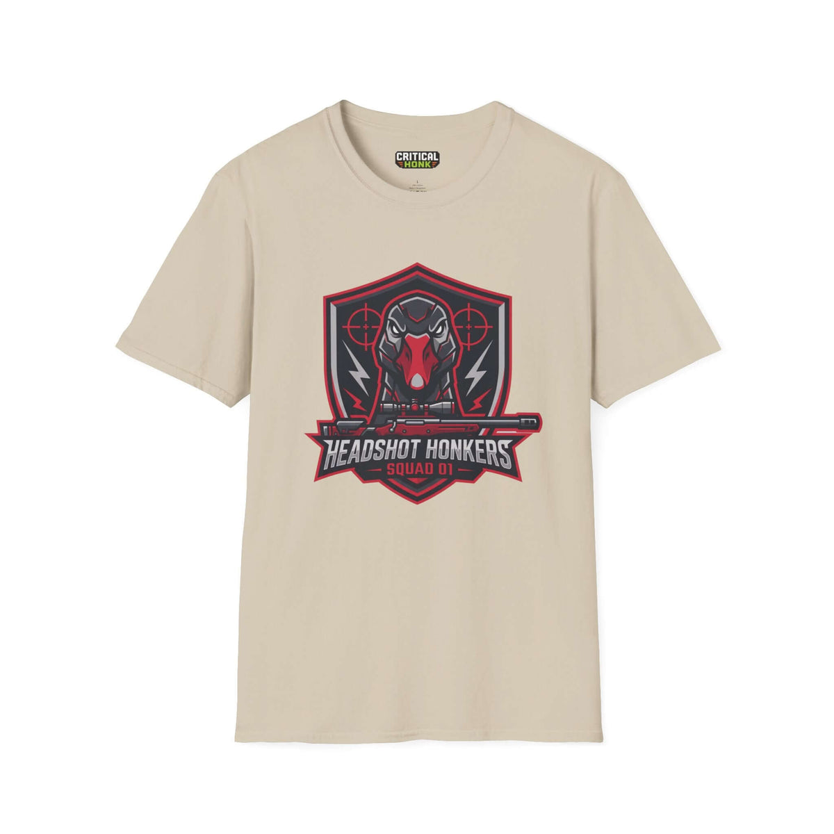 Headshot honkers T-Shirt in sand color featuring unique design from Critical Honk Collection.