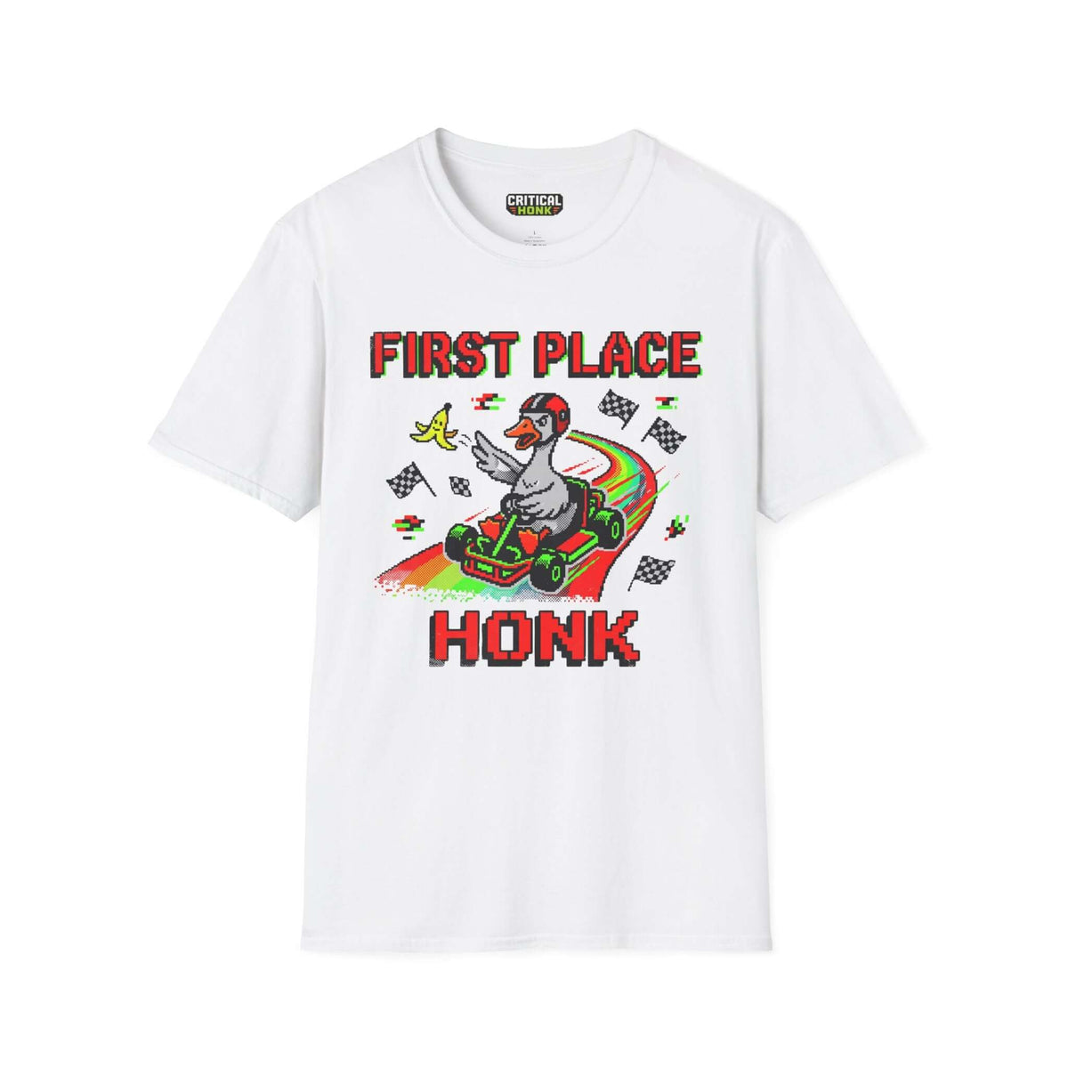 First-place-honk T-Shirt featuring a duck on a go-kart in a white Gildan Softstyle fabric.