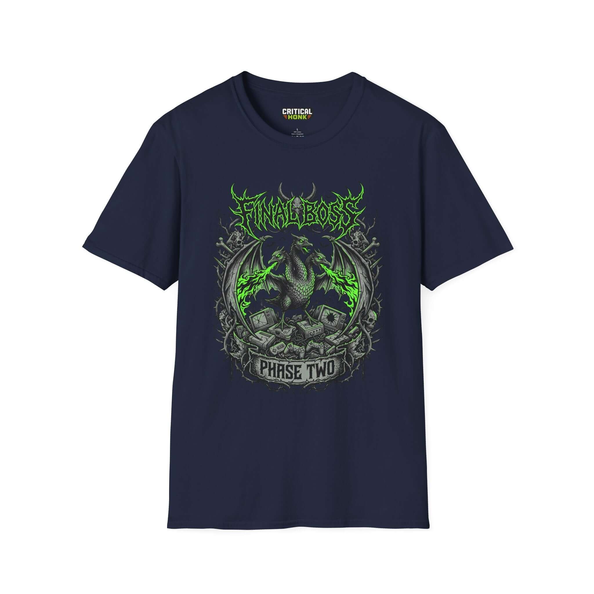 Final-boss-phase-two T-Shirt in navy, featuring a dragon graphic, part of the Critical Honk Collection.