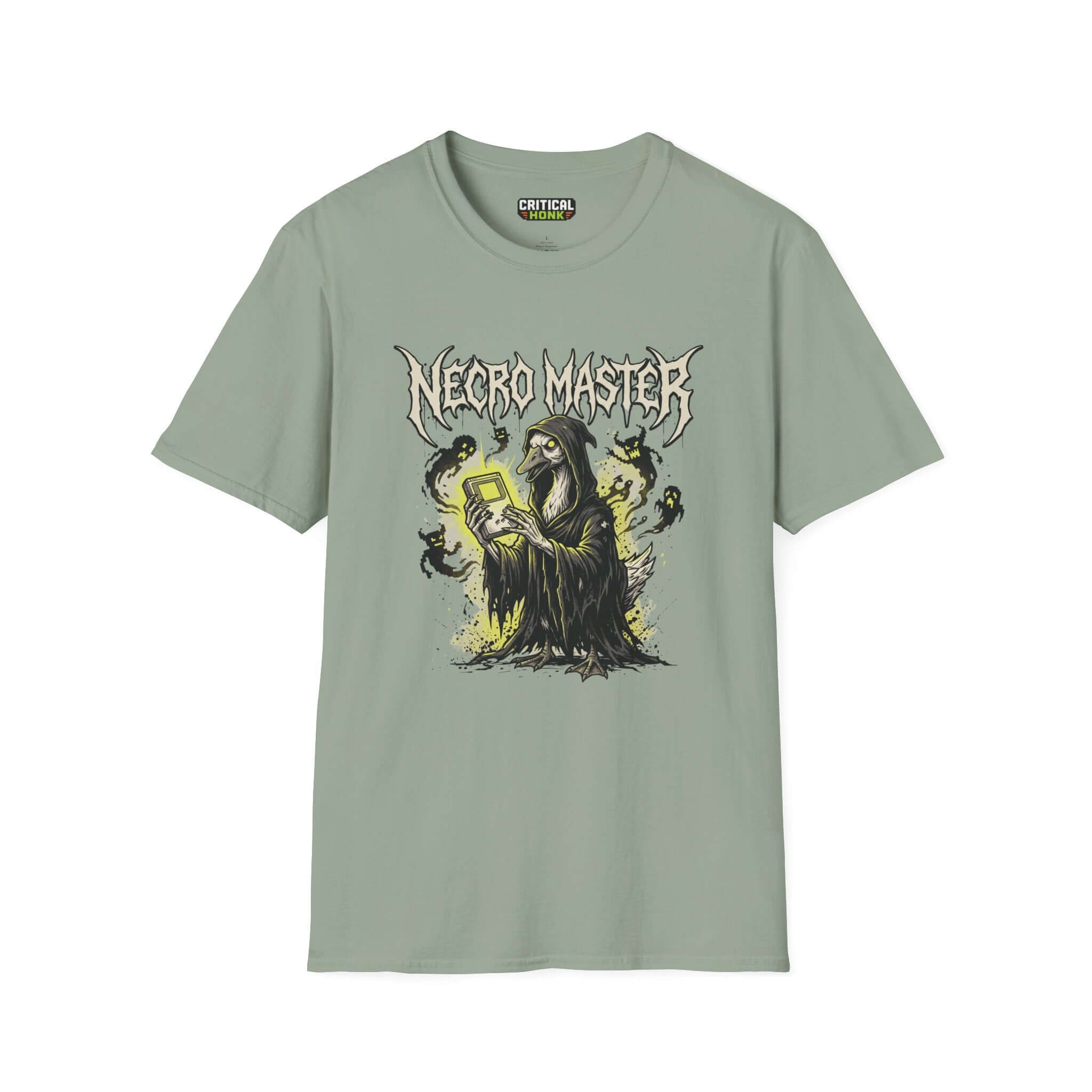 Necro master T-Shirt in sage, featuring a unique graphic design, made from 100% ring-spun cotton by Critical Honk.