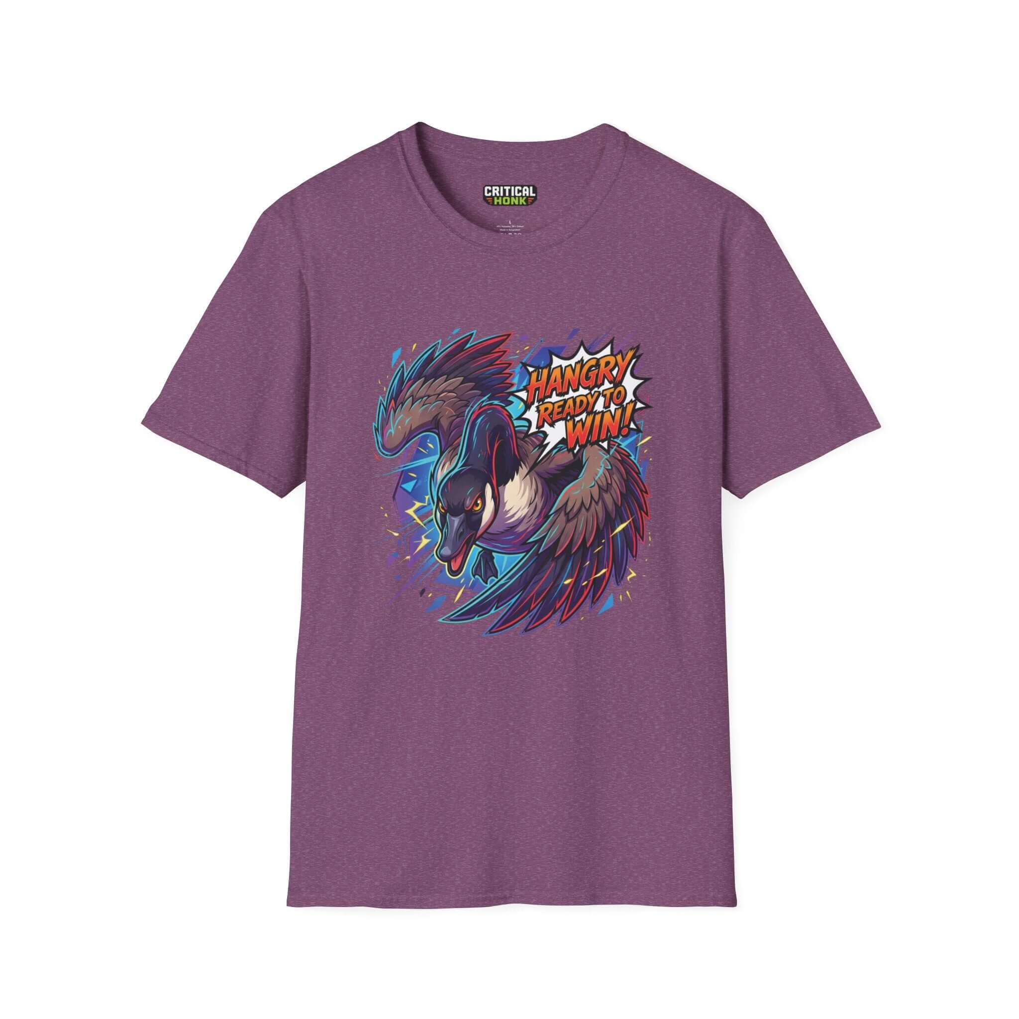 Hangry to win T-Shirt in Heather Maroon, featuring a colorful graphic design, made of 100% ring-spun cotton.