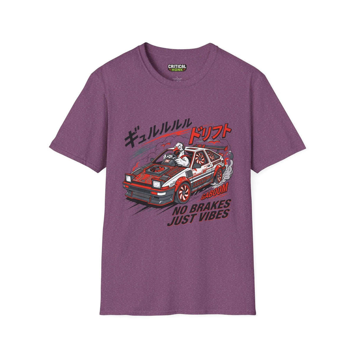 No brakes T-Shirt in Heather Maroon featuring a racing graphic and bold text, part of the Critical Honk Collection.