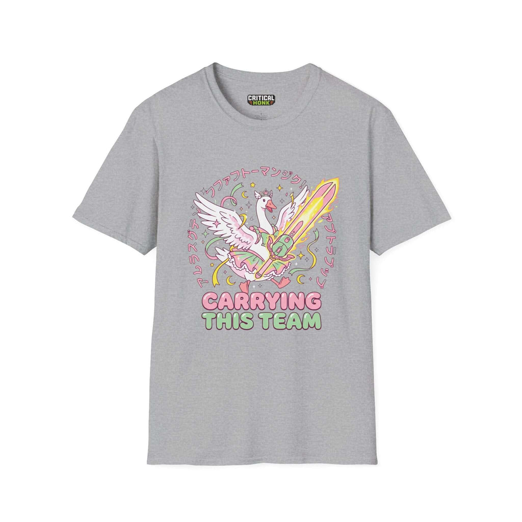 Carriying the team T-Shirt in Sport Grey featuring a whimsical design with a sword-wielding swan.