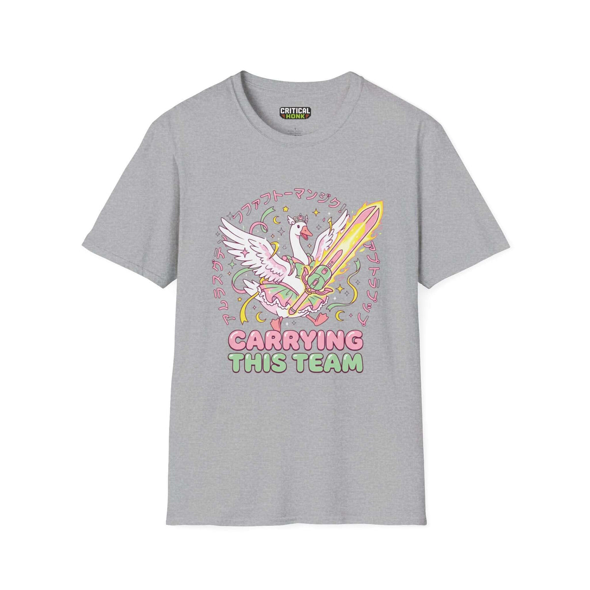 Carriying the team T-Shirt in Sport Grey featuring a whimsical design with a sword-wielding swan.
