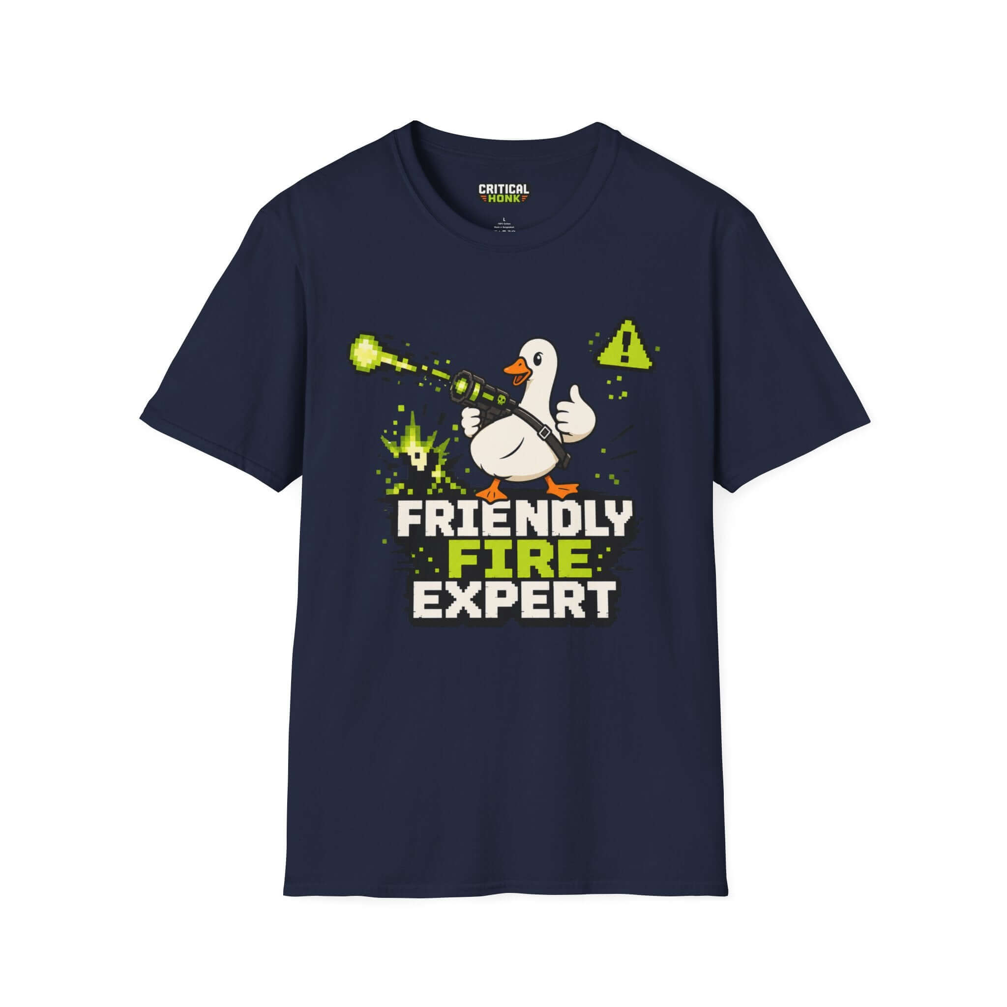 Friendly-fire-expert T-Shirt in navy featuring a cartoon duck with a playful design.