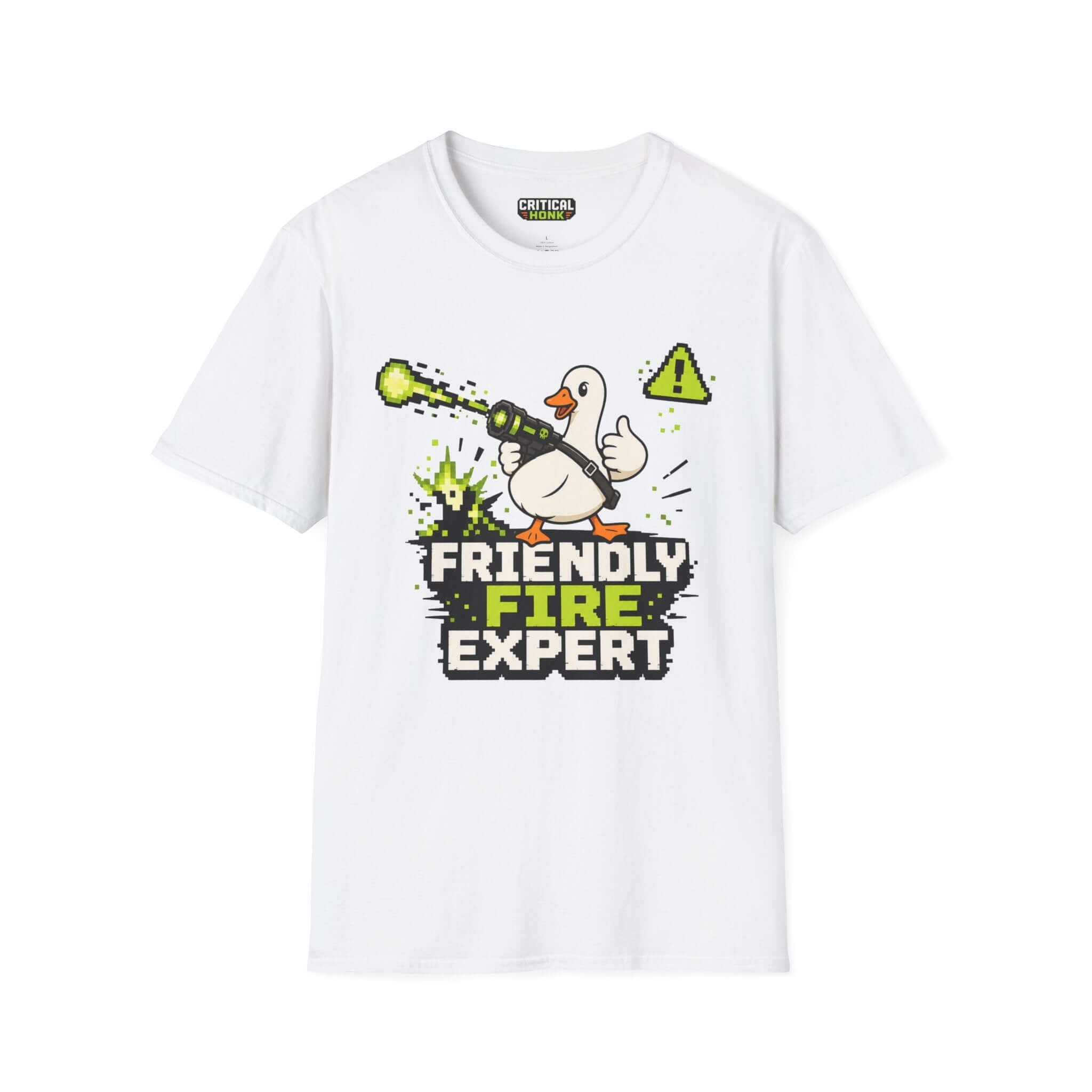 Friendly-fire-expert T-Shirt featuring a cartoon duck with a laser in a white color, part of Chaos Inspired Apparel.