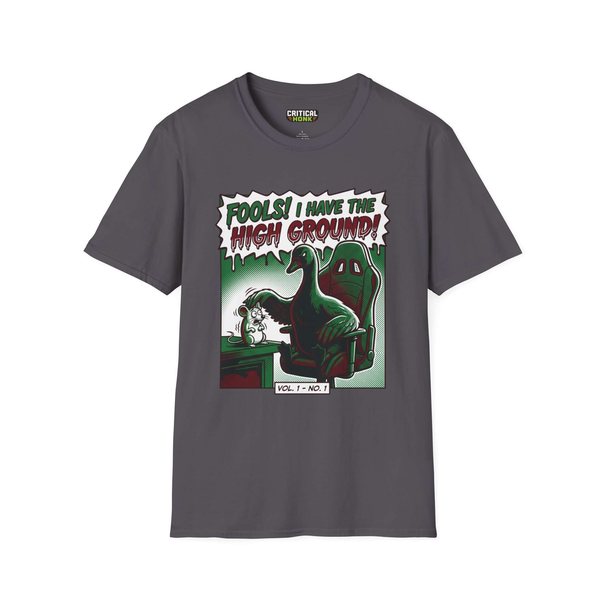 High ground T-Shirt in charcoal featuring a graphic of a dinosaur and a cat, part of the Critical Honk Collection.