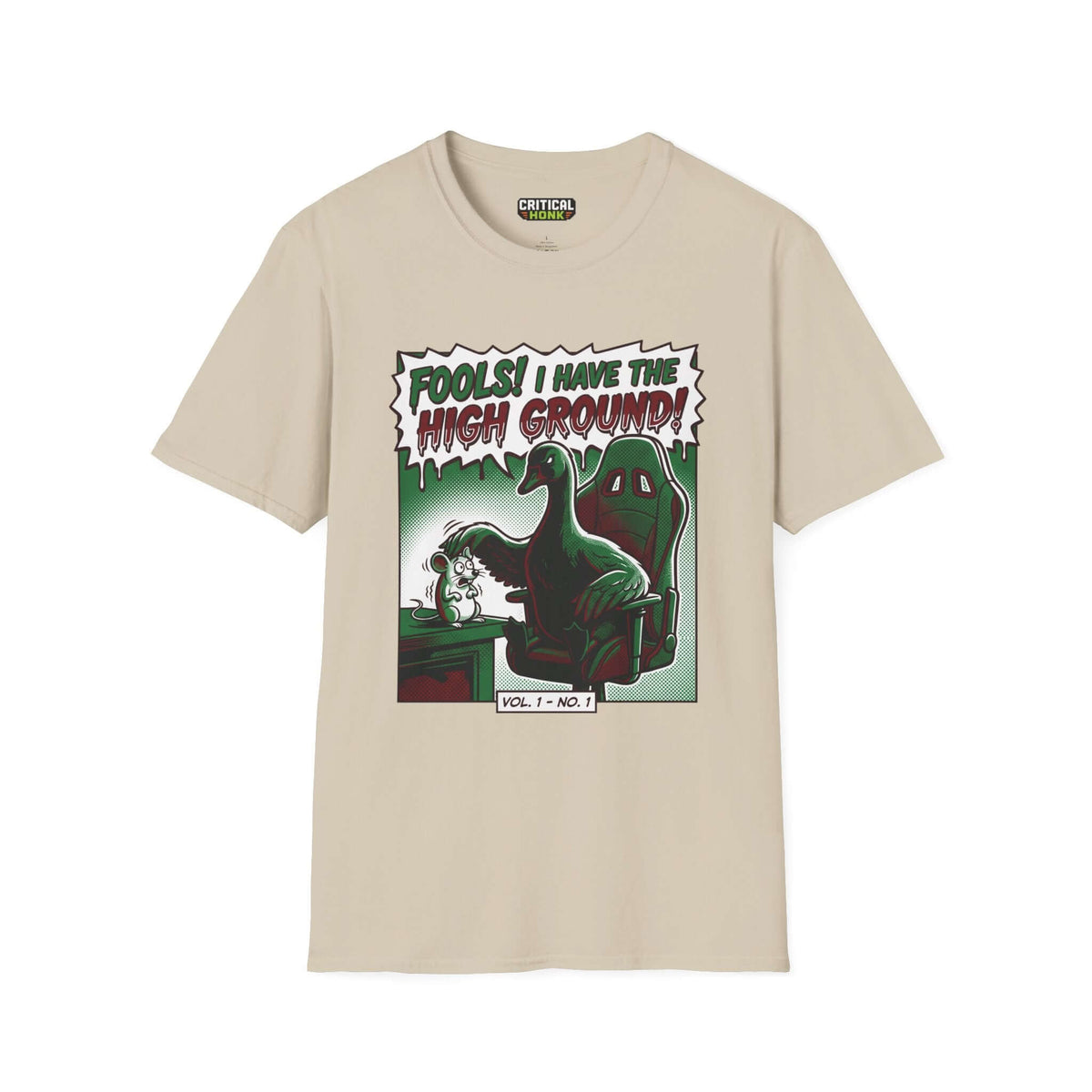 High ground T-Shirt featuring a dinosaur graphic on a sand-colored Gildan Softstyle tee. Part of the Critical Honk Collection.