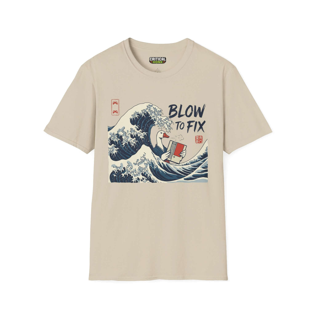 Blow to fix T-Shirt in sand color, featuring a graphic design of waves and a duck, Gildan Softstyle 100% cotton.