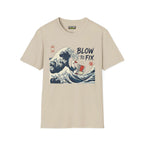 Blow to fix T-Shirt in sand color, featuring a graphic design of waves and a duck, Gildan Softstyle 100% cotton.