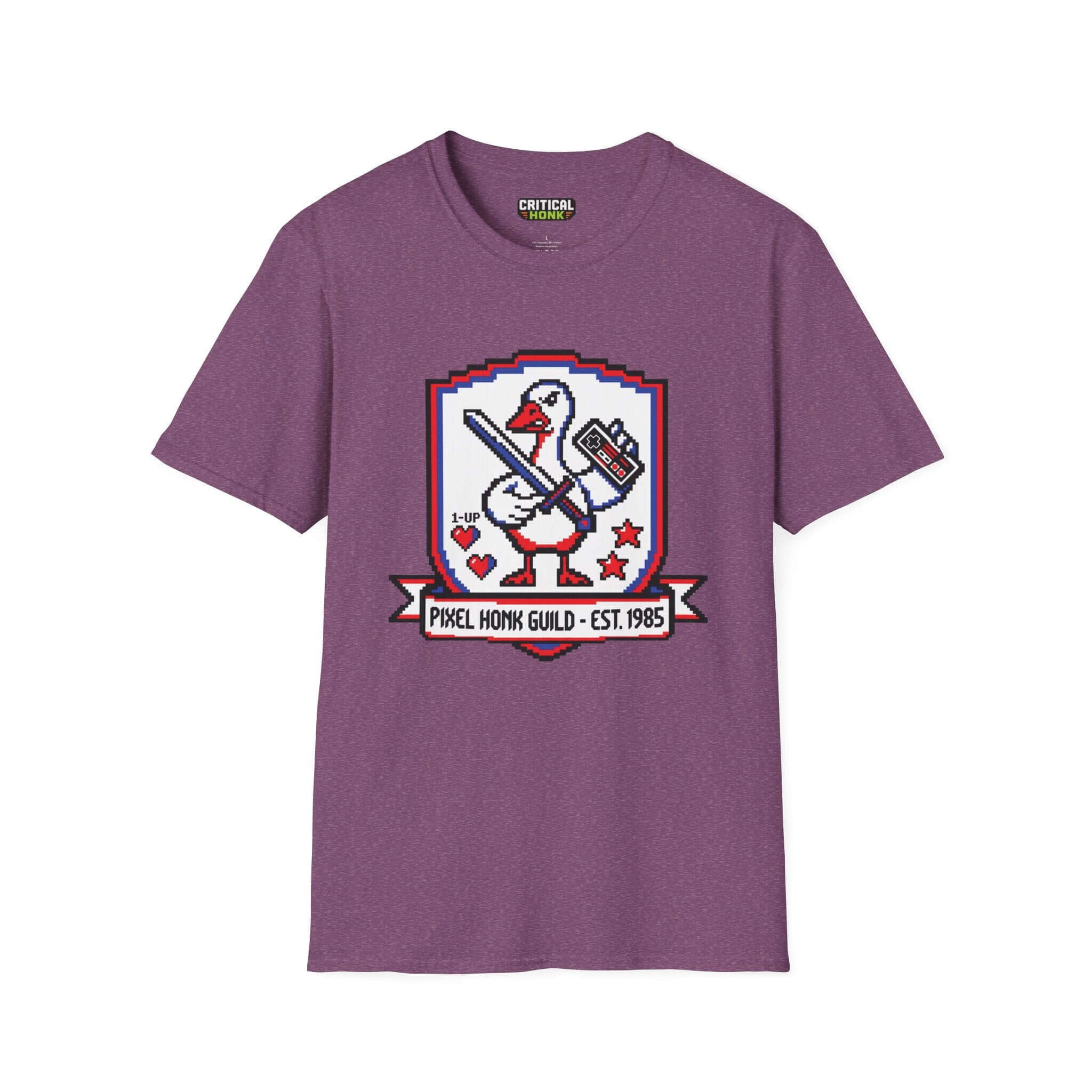 Pixel guild T-Shirt in Heather Maroon color featuring pixel art design and Critical Honk branding.