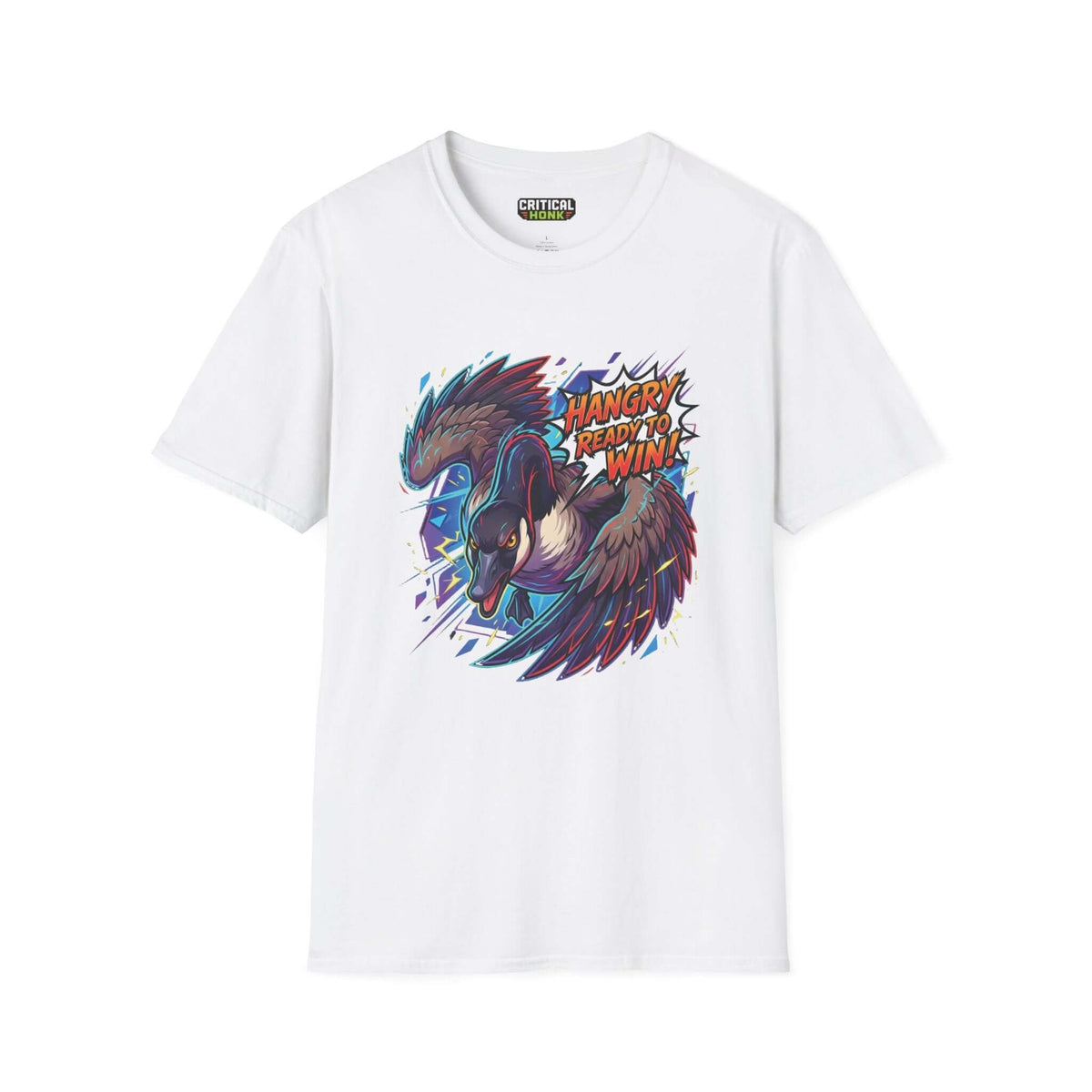 Hangry to win T-Shirt featuring colorful artwork of a goose on a white Gildan Softstyle shirt.