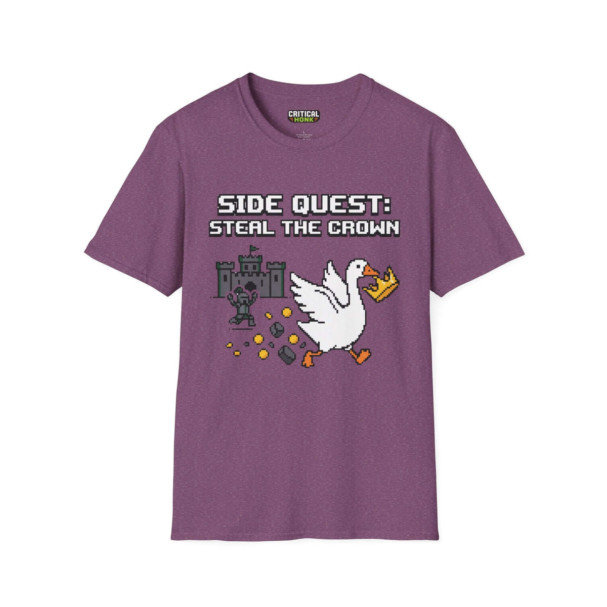 Side Quest T-Shirt in Heather Maroon featuring a pixel art goose stealing a crown with a castle backdrop.