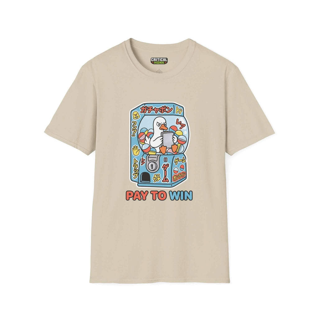 Pay to win T-Shirt in sand color featuring a whimsical graphic and unisex fit. Made from 100% ring-spun cotton.