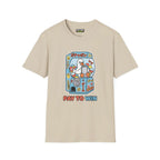 Pay to win T-Shirt in sand color featuring a whimsical graphic and unisex fit. Made from 100% ring-spun cotton.