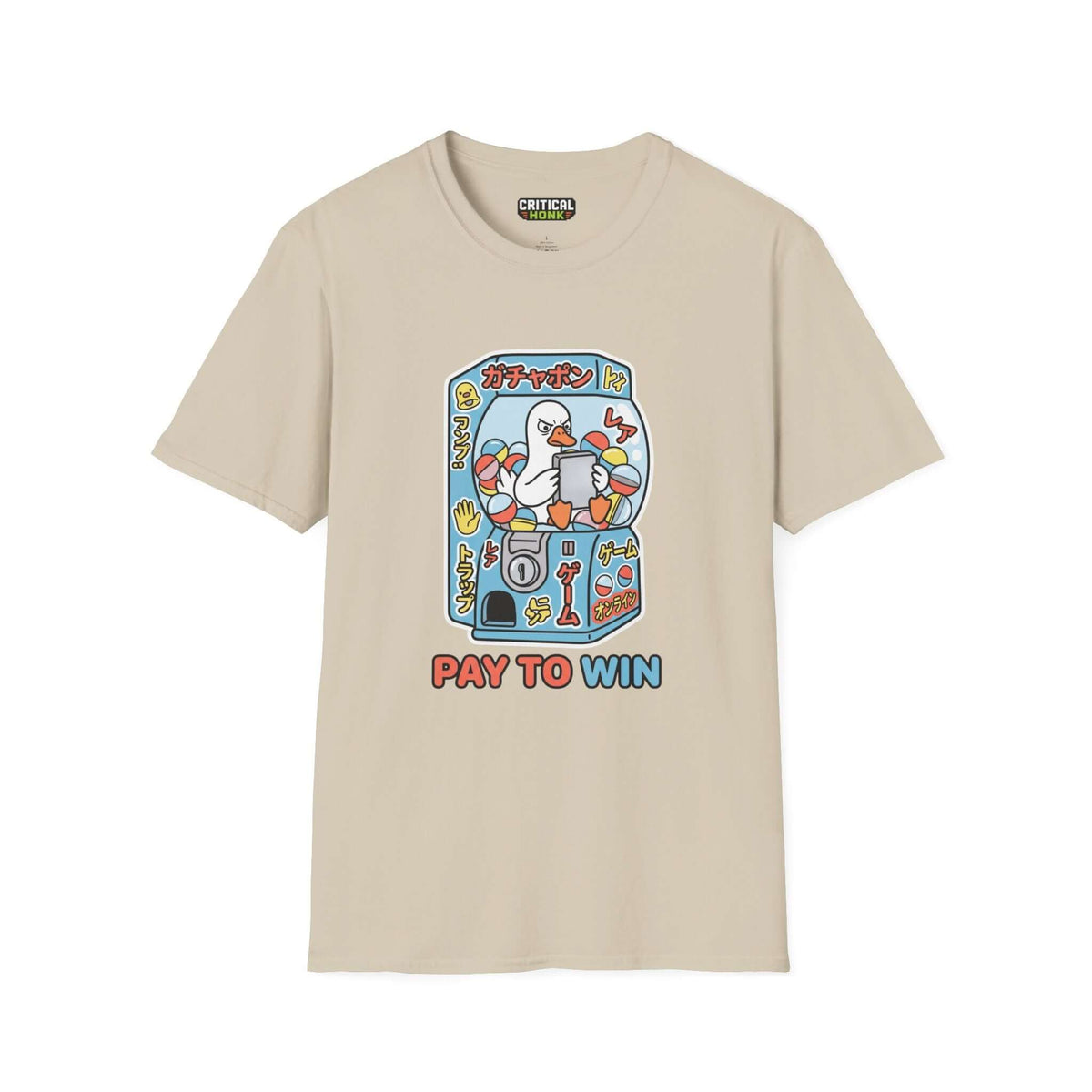 Pay to win T-Shirt in sand color featuring a whimsical graphic and unisex fit. Made from 100% ring-spun cotton.