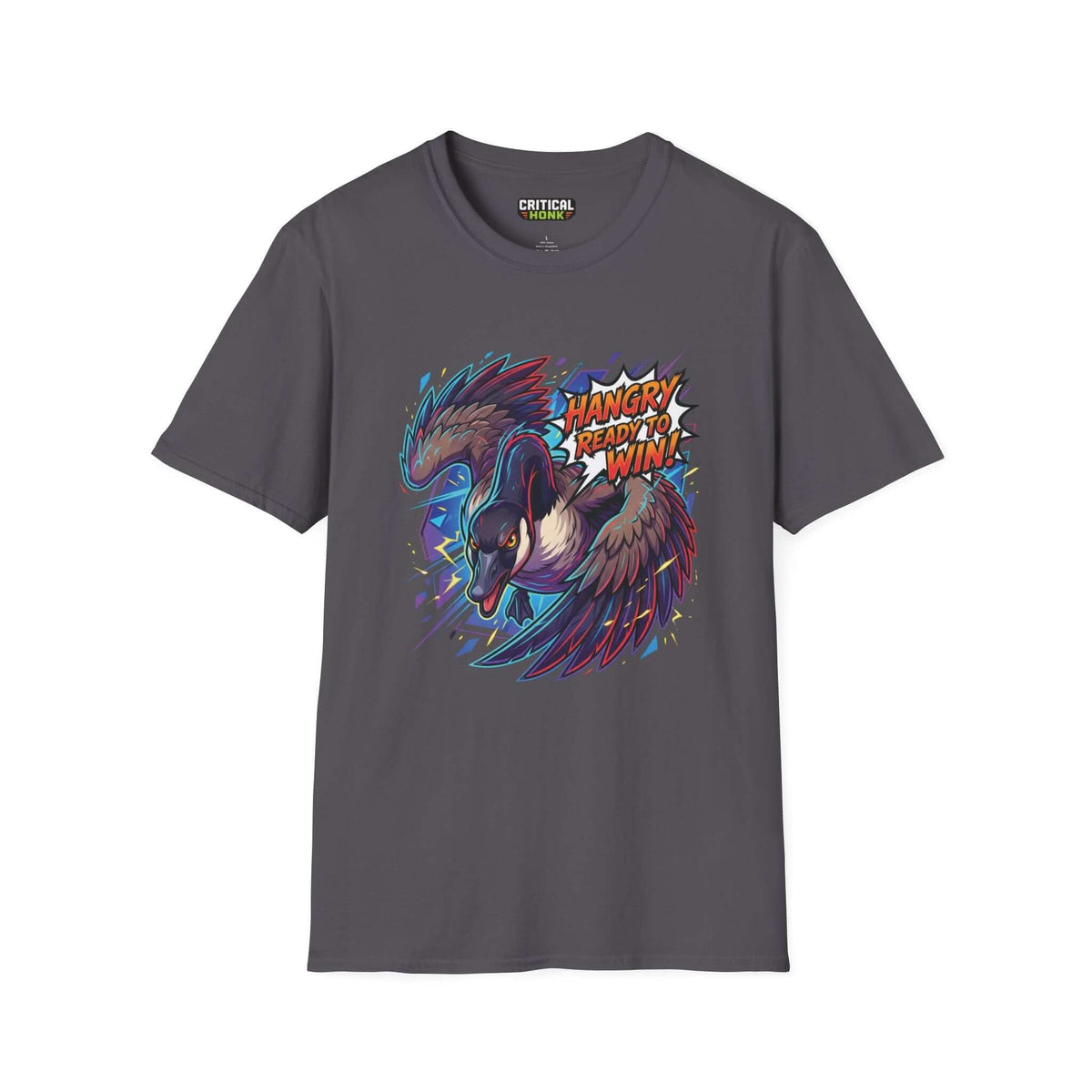 Hangry to win T-Shirt in charcoal color featuring an illustration of a bird ready to win, from Critical Honk Collection.