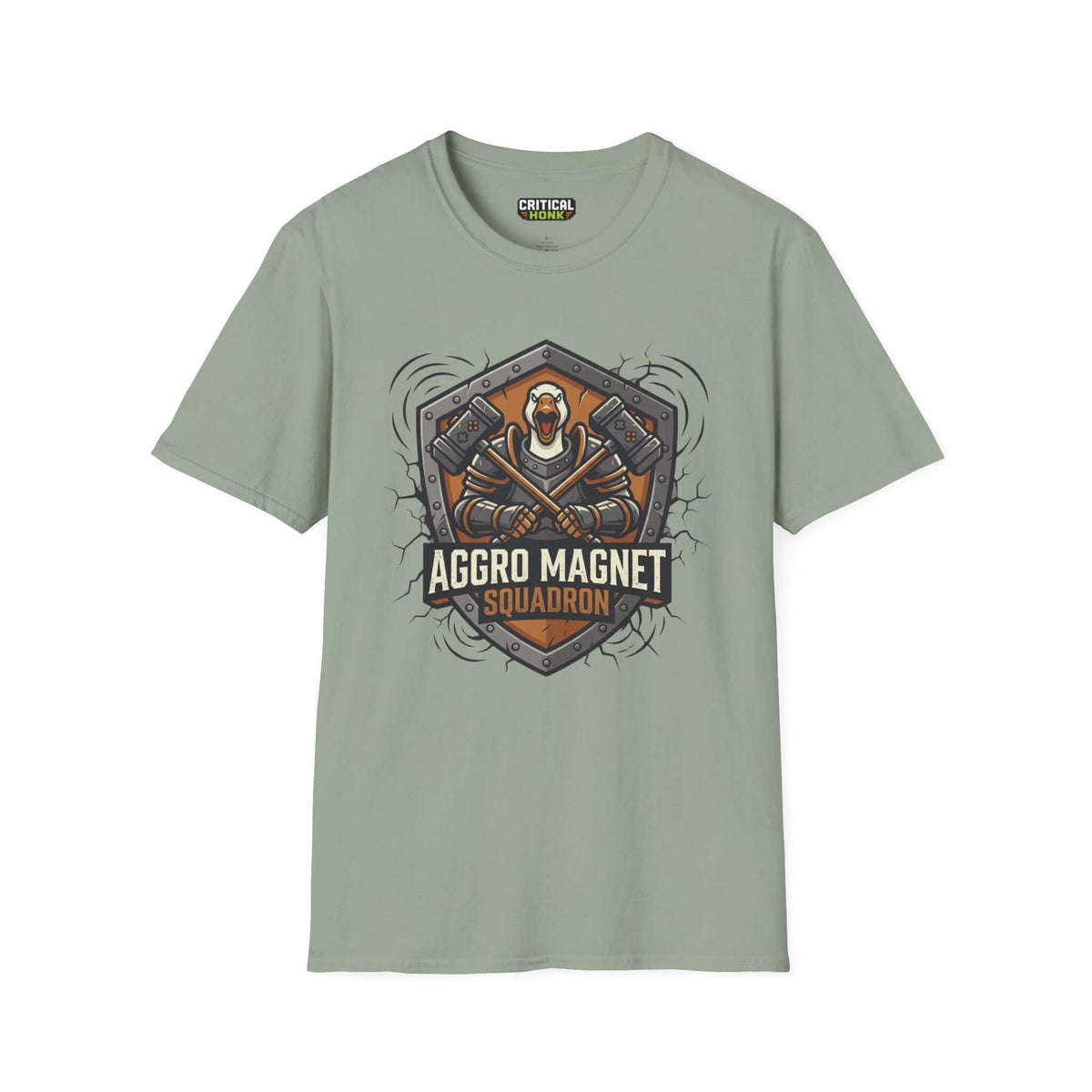Magnet squadron T-Shirt in sage color, featuring gaming-inspired graphics from the Critical Honk Collection.