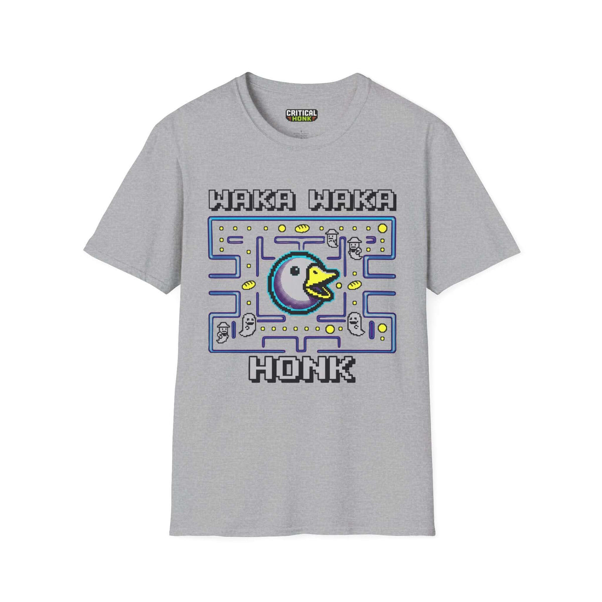 Waka waka honk T-Shirt in Sport Grey featuring a vibrant gaming design and unisex fit, made from 100% ring-spun cotton.