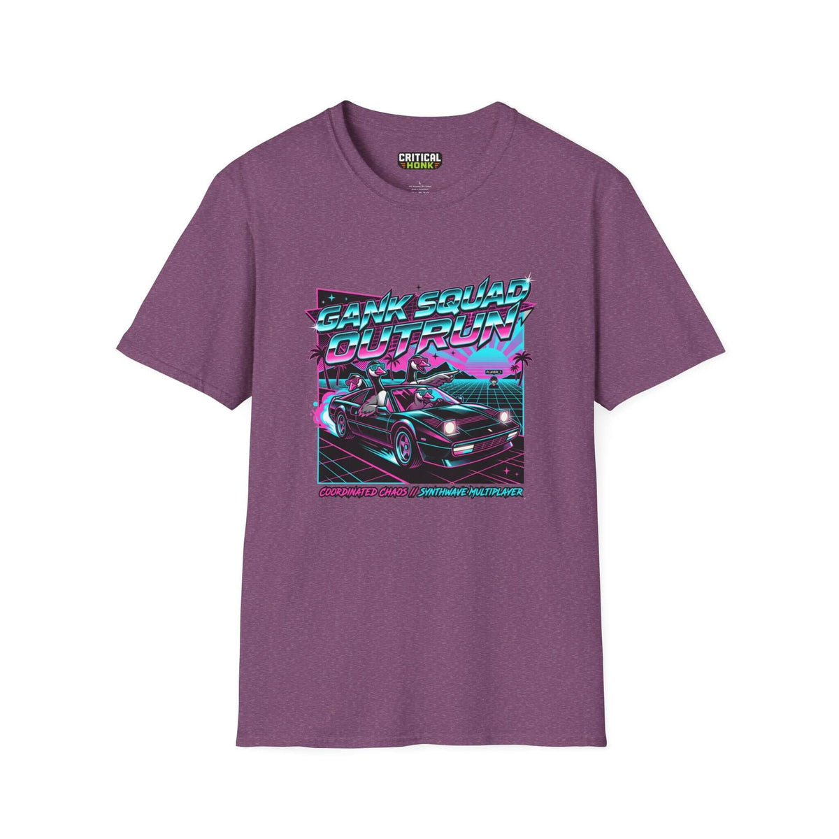 Gank-squad-outrun T-Shirt in Heather Maroon featuring retro design and unisex fit, made of 100% ring-spun cotton.