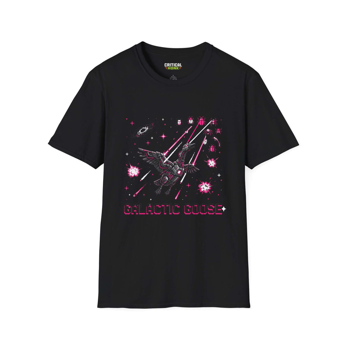 Galactic-goose T-Shirt in black featuring cosmic graphics and a unisex fit for comfortable everyday wear.
