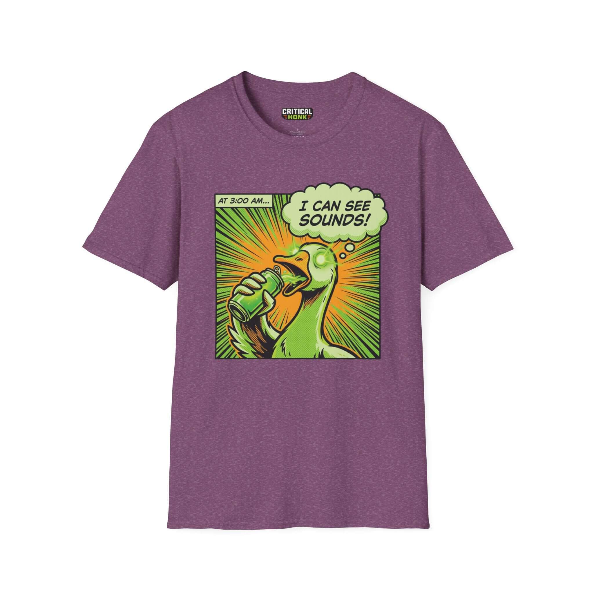 I can see sounds T-Shirt in Heather Maroon, featuring a cartoon duck graphic and comic style design.