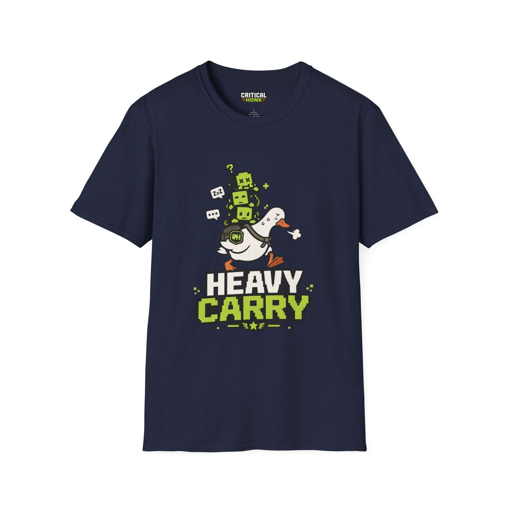 Heavy-carry T-Shirt featuring a playful duck graphic on a navy Gildan Softstyle tee from the Critical Honk Collection.