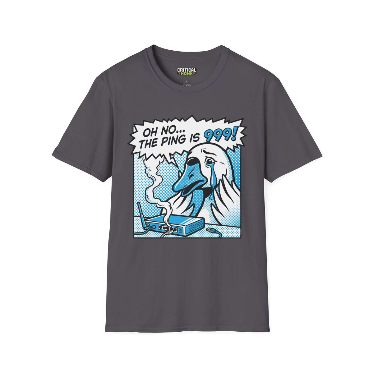 Ping 999 T-Shirt in charcoal color featuring a cartoon goose with text 'OH NO...THE PING IS 999!'