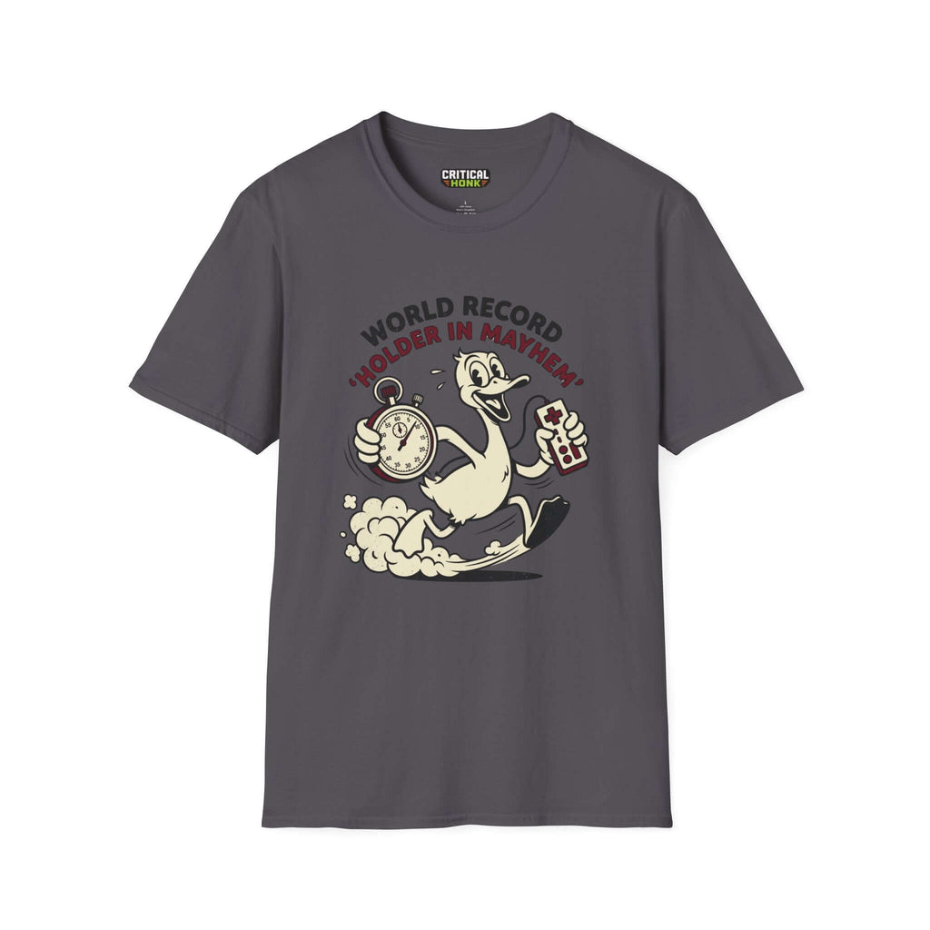 World record T-Shirt in charcoal with cartoon character design, featuring a stopwatch and game controller, from Critical Honk.