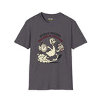 World record T-Shirt in charcoal with cartoon character design, featuring a stopwatch and game controller, from Critical Honk.