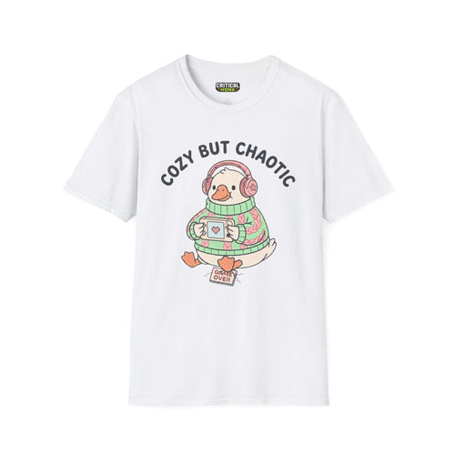 Cozy but chaotic T-Shirt featuring a cute cartoon duck in a sweater, holding a drink on a white fabric background.