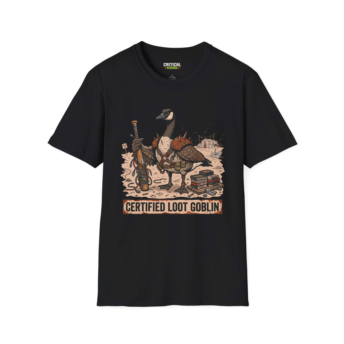 Certified loot T-Shirt featuring a cartoon goose in armor holding a staff, set on a black Gildan Softstyle fabric.