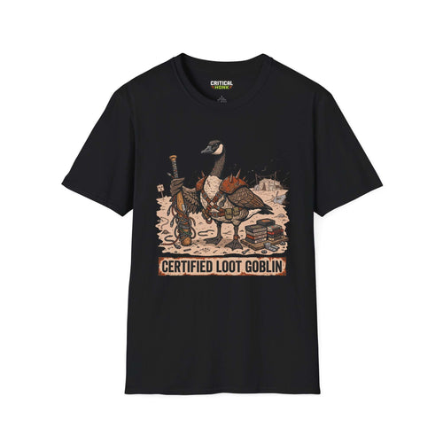 Certified loot T-Shirt featuring a cartoon goose in armor holding a staff, set on a black Gildan Softstyle fabric.