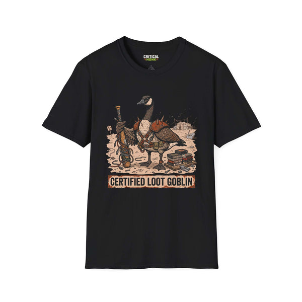 Certified loot T-Shirt featuring a cartoon goose in armor holding a staff, set on a black Gildan Softstyle fabric.