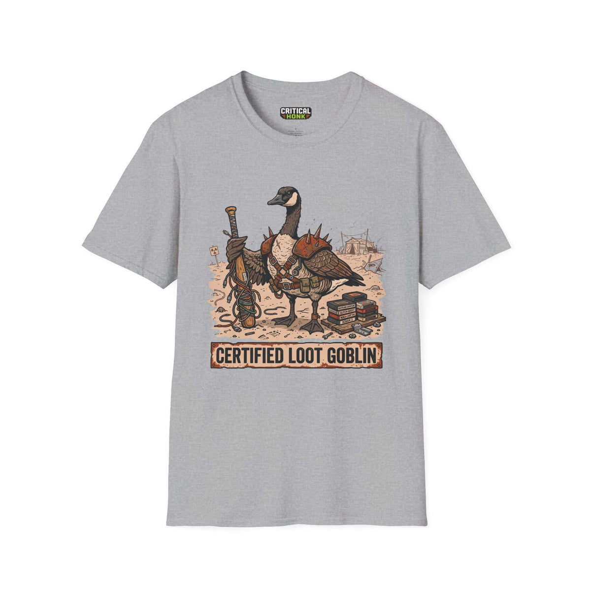 Certified loot T-Shirt featuring a whimsical goose character design on Sport Grey fabric.