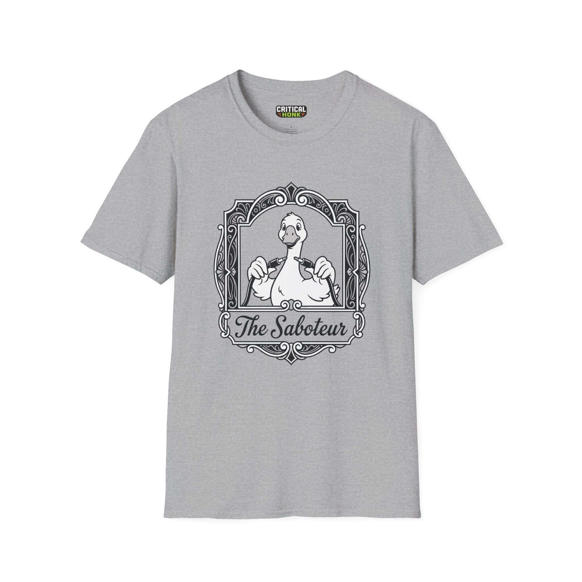 The saboteur T-Shirt in Sport Grey, featuring a unique graphic design by Critical Honk, made from 100% cotton.
