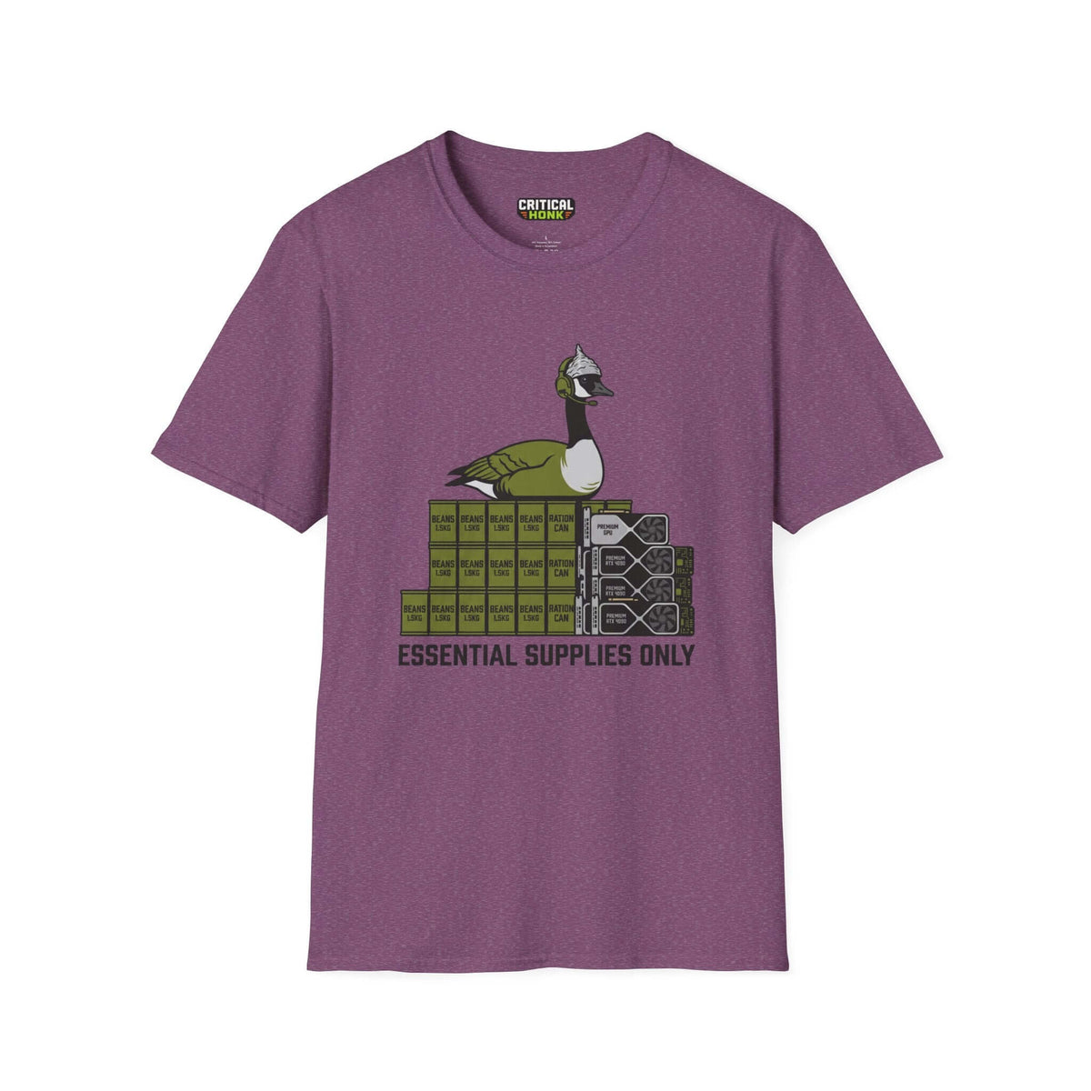 Essential supplies T-Shirt in Heather Maroon, featuring a graphic design of a duck and text 'ESSENTIAL SUPPLIES ONLY'.