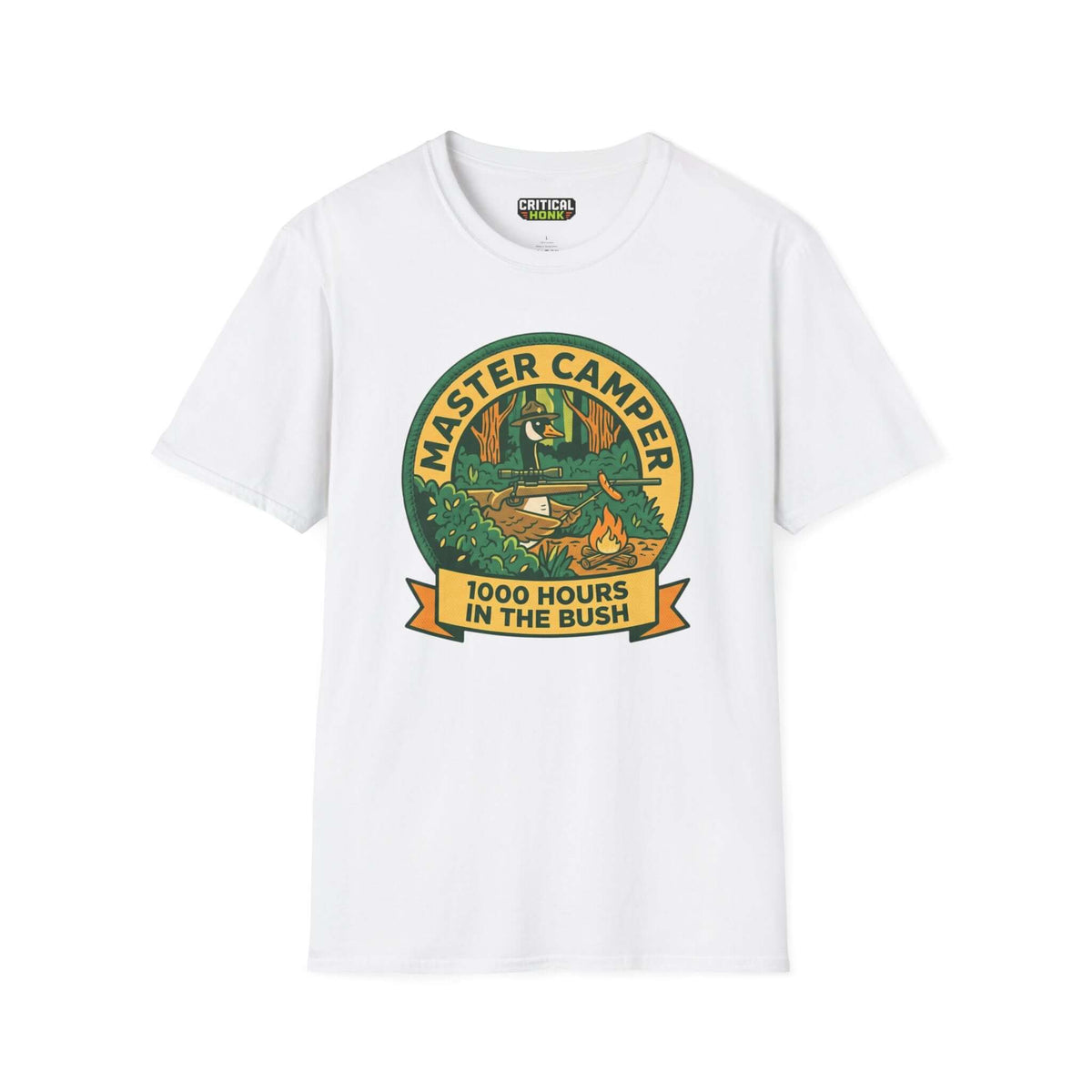 Master-camper T-Shirt in white featuring a camping graphic with '1000 HOURS IN THE BUSH' text.