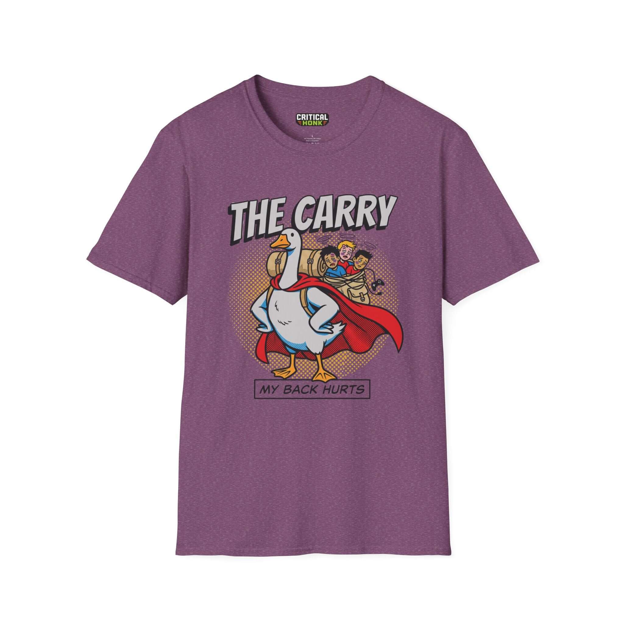 The carry T-Shirt in Heather Maroon featuring a duck graphic and humorous text for casual style.