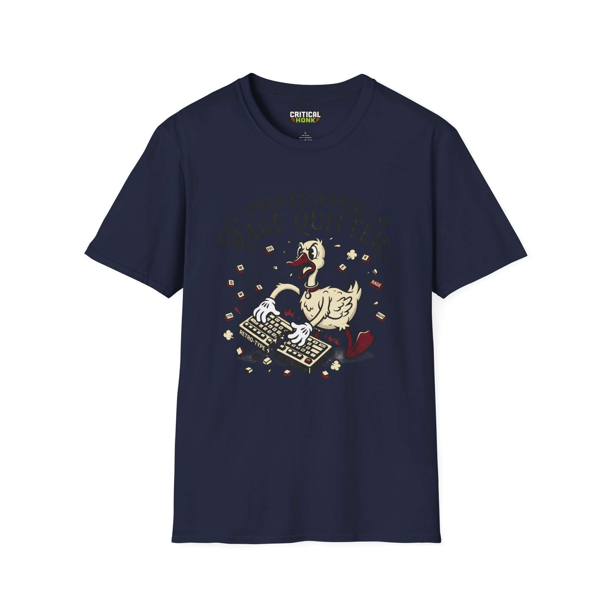 Professional rage quitter T-Shirt in navy featuring a quirky duck design typing on a keyboard.
