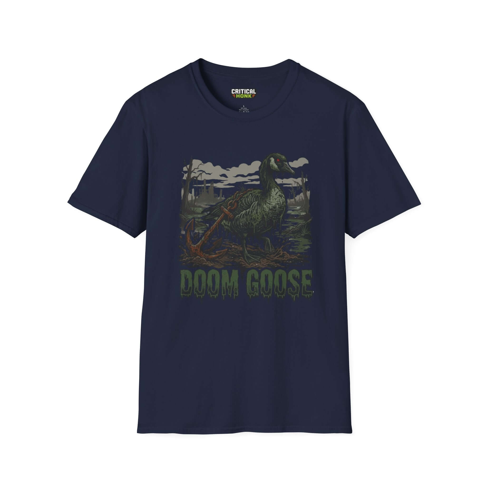 Doom goose T-Shirt in navy, featuring a graphic of a goose and critical honk design, made of 100% ring-spun cotton.