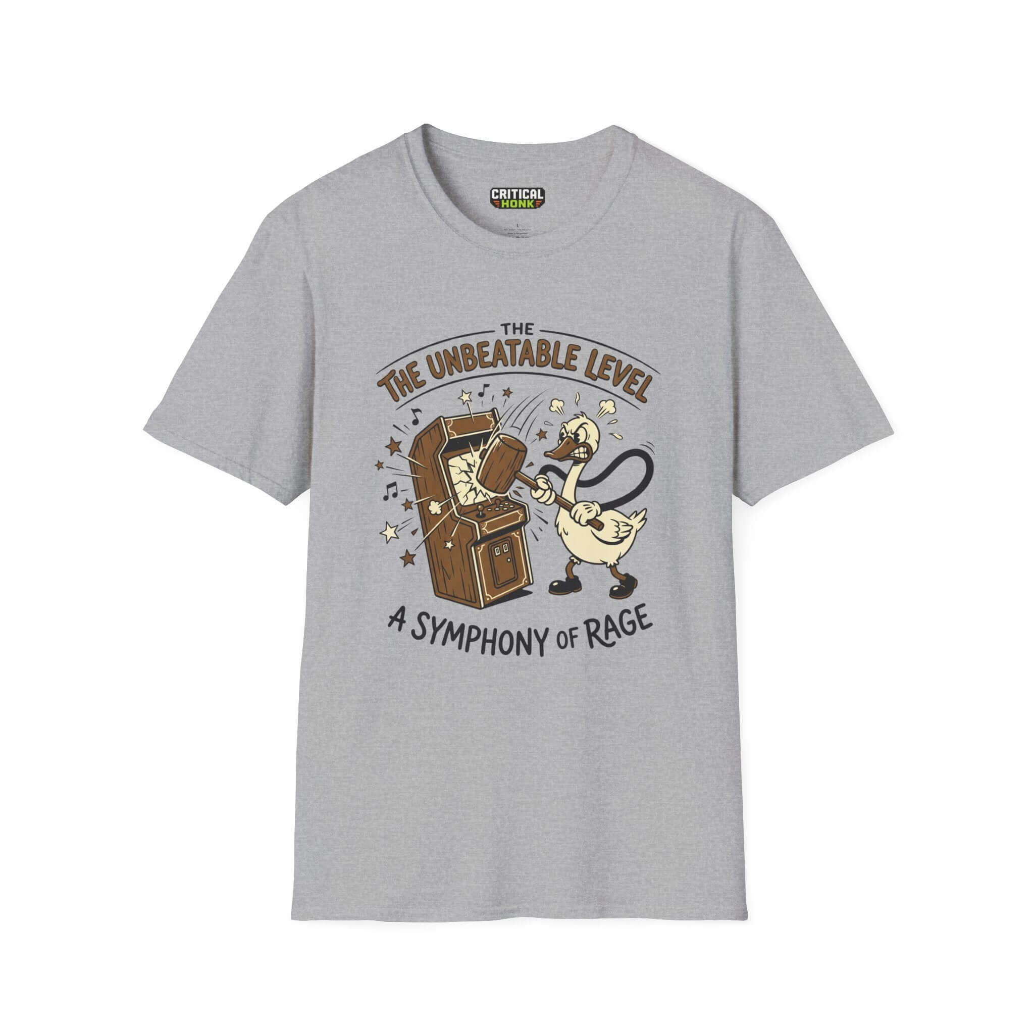 The unbeatable level T-Shirt in Sport Grey featuring a playful design with a duck and arcade machine.
