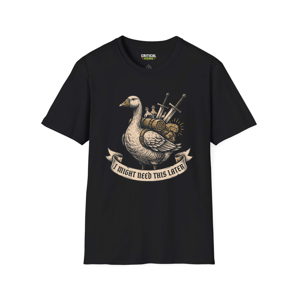 Black I might need this later T-Shirt featuring a whimsical goose design and gaming elements, made from soft cotton.