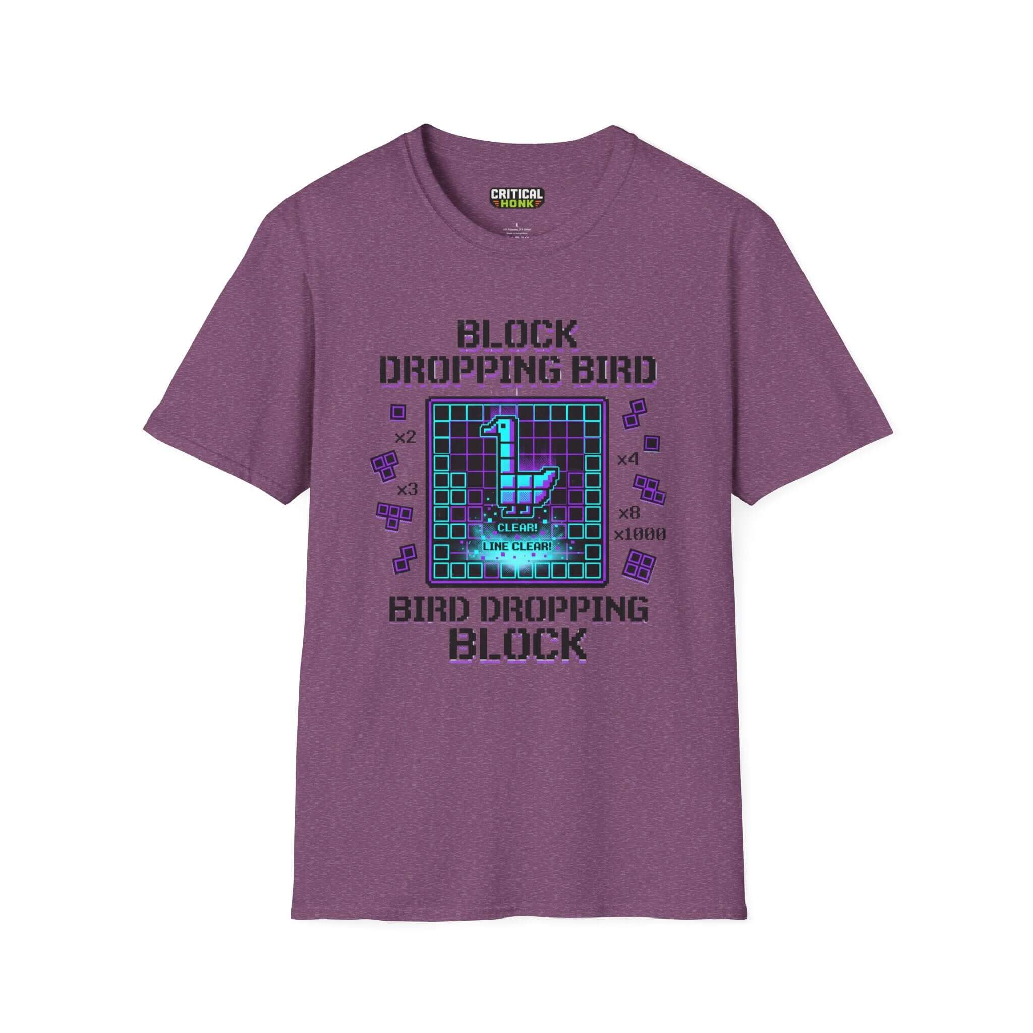 Block-dropping-bird T-Shirt in Heather Maroon featuring playful graphic design, made from 100% ring-spun cotton.