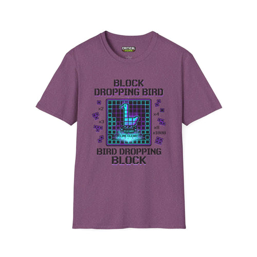 Block-dropping-bird T-Shirt in Heather Maroon featuring playful graphic design, made from 100% ring-spun cotton.