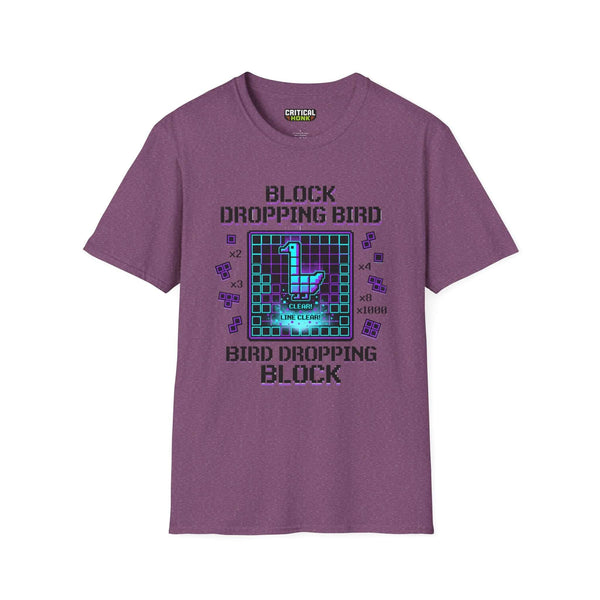 Block-dropping-bird T-Shirt in Heather Maroon featuring playful graphic design, made from 100% ring-spun cotton.