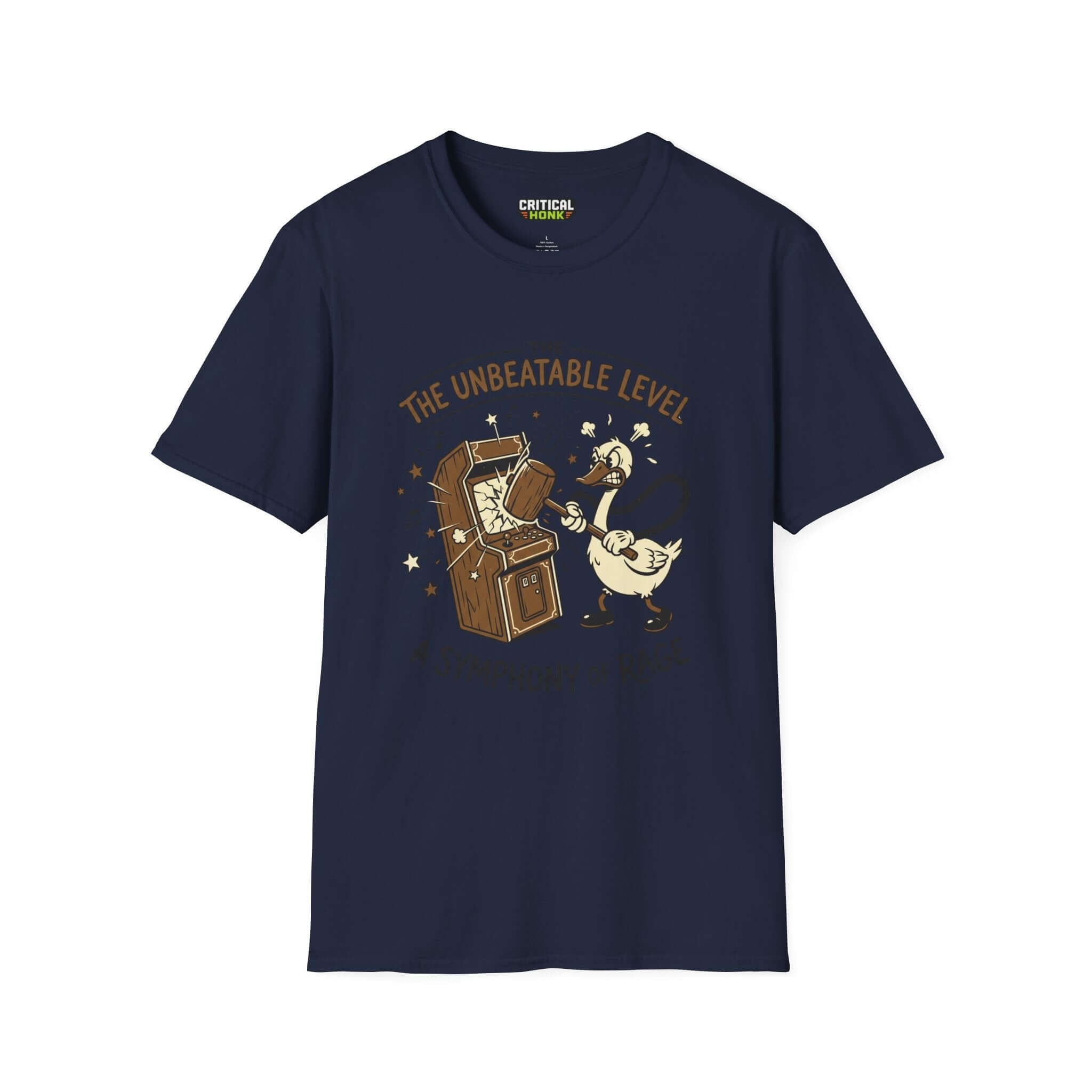 The unbeatable level T-Shirt in navy featuring a whimsical design with a duck and arcade machine from Critical Honk.